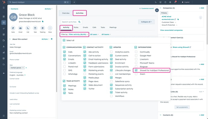 hubSpot Showell Activities