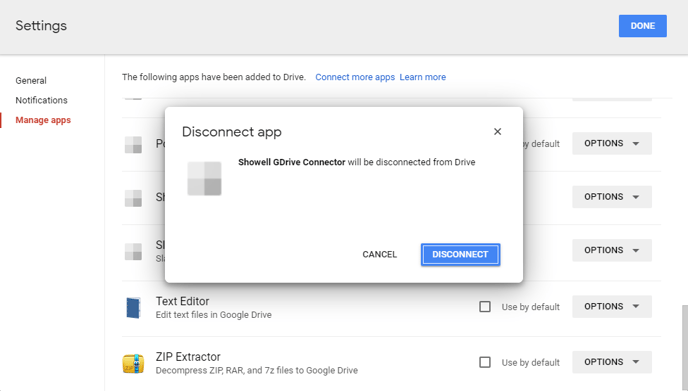 disconnect the showell GDrive connector in Google Drive