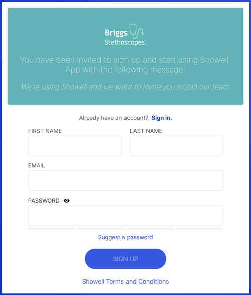 invitation sign up preview in showell app